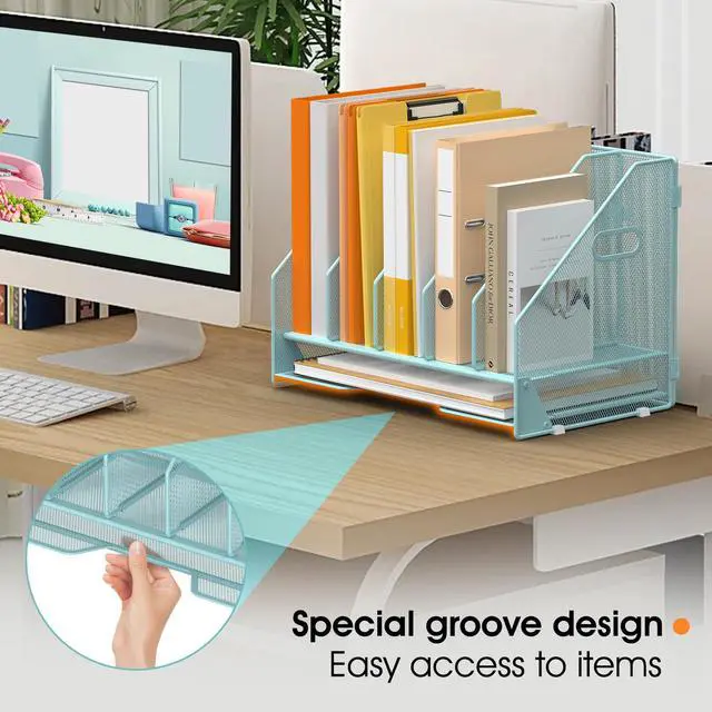 Alt view image 6 of 7 - Desk File Folder Holder Organizer-5 Vertical Compartments Racks and Paper Letter Tray,Mesh Magazine File Holder Sorter,Desktop Accessories & Workspace Organizers for Home,Office,School-Blue