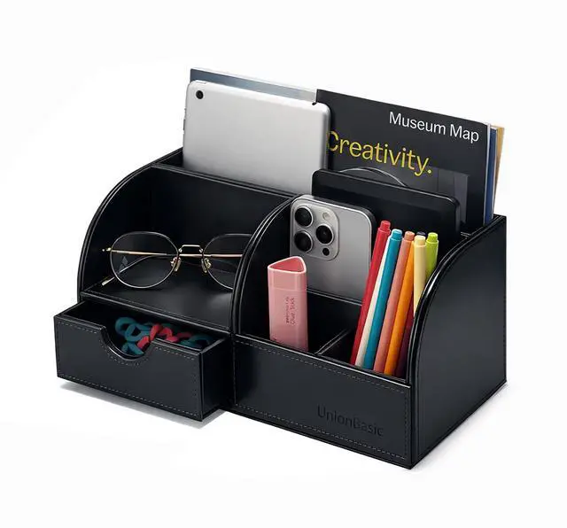 Main image of Desk Organizer - Multifunctional Leather Desktop Pen Holder Storage Box - Business Card/Pen/Pencil/Mobile Phone/Stationery Holder, Black