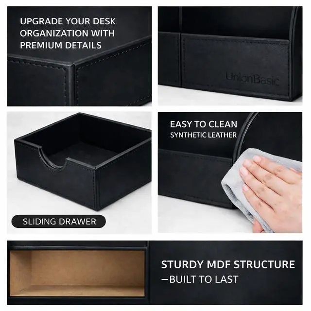 Alt view image 2 of 7 - Desk Organizer - Multifunctional Leather Desktop Pen Holder Storage Box - Business Card/Pen/Pencil/Mobile Phone/Stationery Holder, Black
