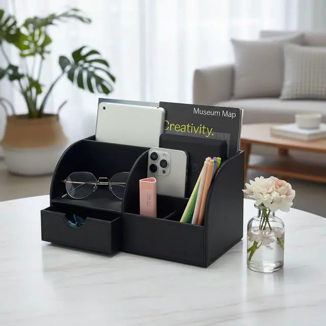 Alt view image 5 of 7 - Desk Organizer - Multifunctional Leather Desktop Pen Holder Storage Box - Business Card/Pen/Pencil/Mobile Phone/Stationery Holder, Black