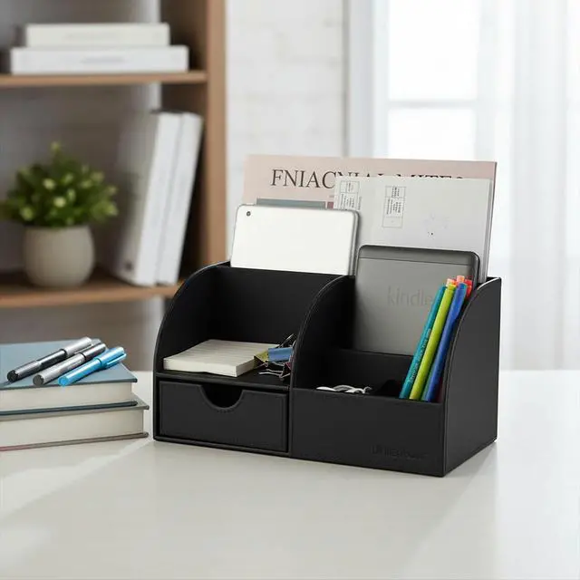 Alt view image 6 of 7 - Desk Organizer - Multifunctional Leather Desktop Pen Holder Storage Box - Business Card/Pen/Pencil/Mobile Phone/Stationery Holder, Black