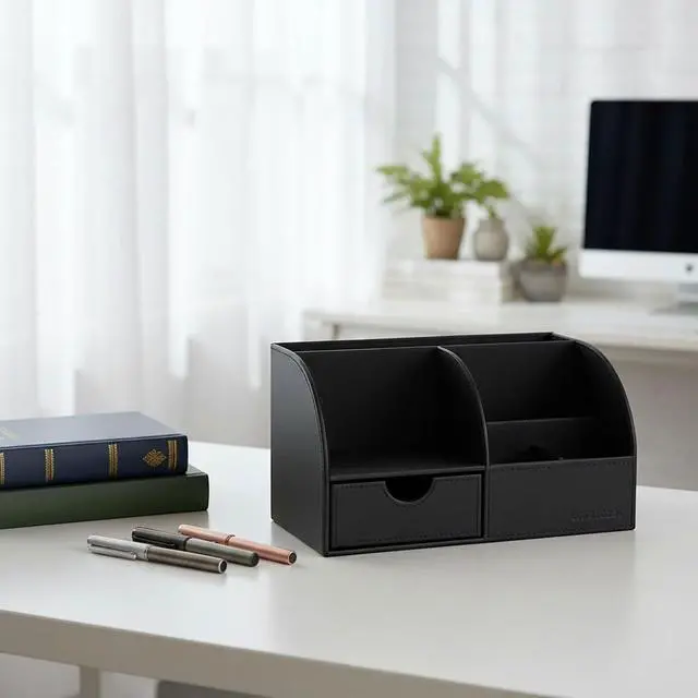 Alt view image 7 of 7 - Desk Organizer - Multifunctional Leather Desktop Pen Holder Storage Box - Business Card/Pen/Pencil/Mobile Phone/Stationery Holder, Black