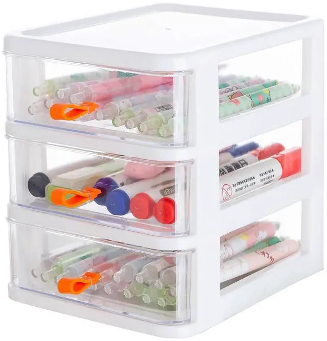 Main image of 3 Drawer Mini Desktop Unit,Plastic dressers with drawers for Arts and Crafts, Small Tools, Sewing Accessories, Stationary, and Hardware,Clear/White Frame