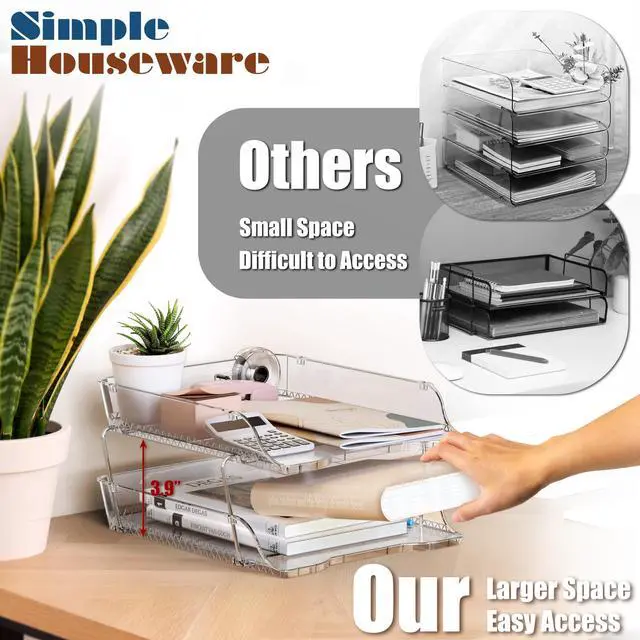 Alt view image 2 of 7 - 2-Tier Clear Stackable Letter Tray Organizer Desktop File Holder for A4/Letter Size Paper, Document Sorter, Office Desk Paper Organizer, Transparent File Storage