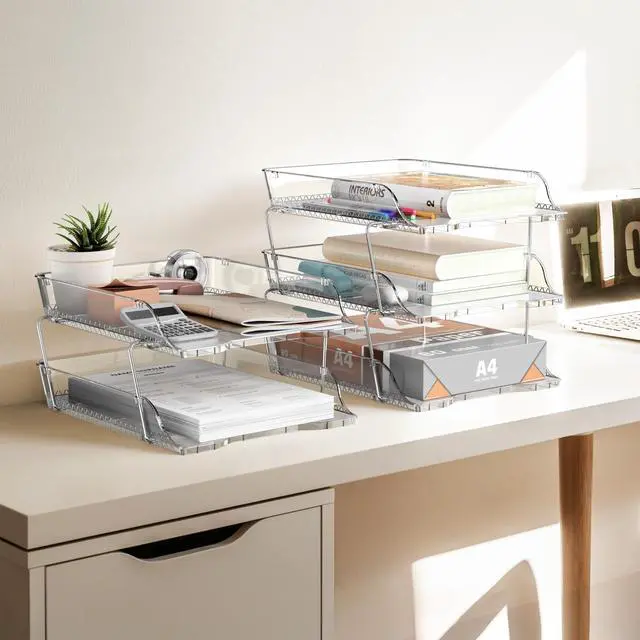 Alt view image 4 of 7 - 2-Tier Clear Stackable Letter Tray Organizer Desktop File Holder for A4/Letter Size Paper, Document Sorter, Office Desk Paper Organizer, Transparent File Storage