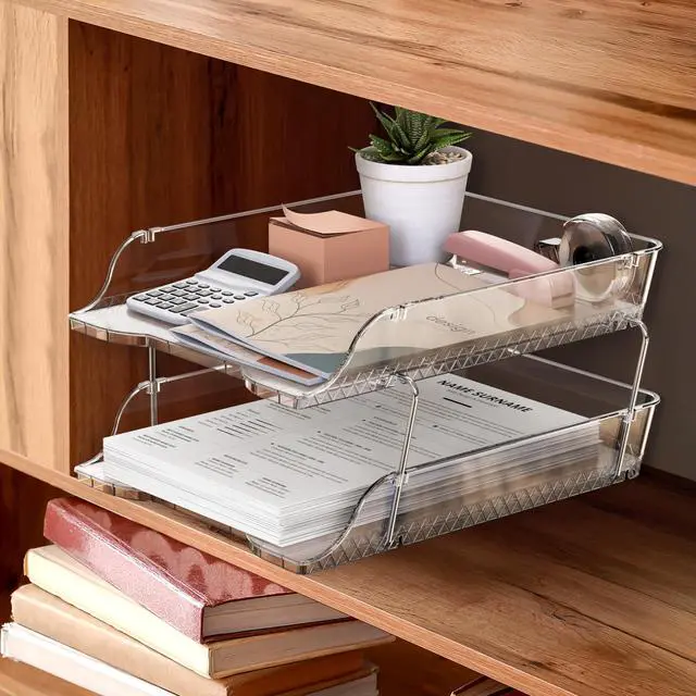 Alt view image 7 of 7 - 2-Tier Clear Stackable Letter Tray Organizer Desktop File Holder for A4/Letter Size Paper, Document Sorter, Office Desk Paper Organizer, Transparent File Storage