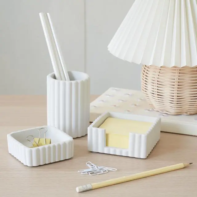 Alt view image 2 of 7 - Aesthetic Desk Organizer Set of 3 For Your Office - Sturdy Concrete Desktop Accessories For Women Enhance Any Office Decor - Set incl. Pen Holder, Paperclip Storage & Sticky Note Holder for Teacher