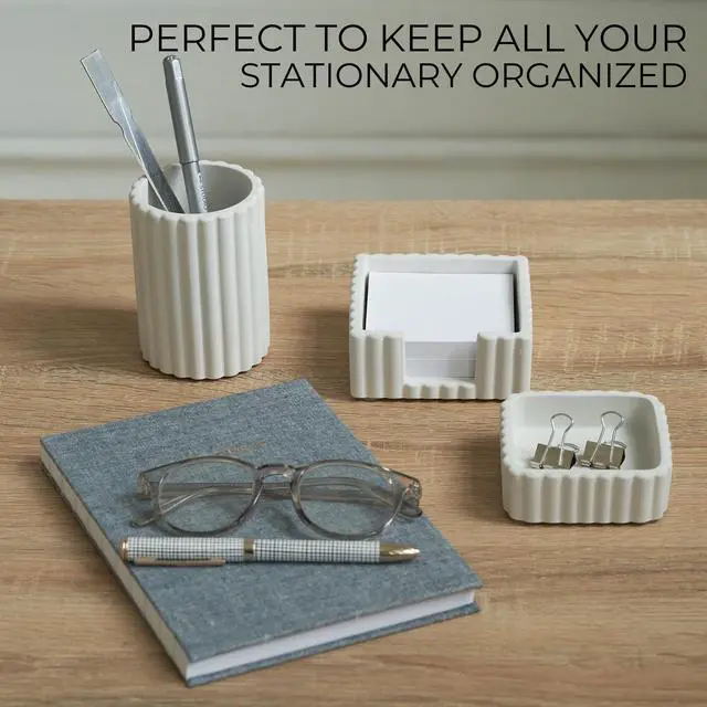 Alt view image 3 of 7 - Aesthetic Desk Organizer Set of 3 For Your Office - Sturdy Concrete Desktop Accessories For Women Enhance Any Office Decor - Set incl. Pen Holder, Paperclip Storage & Sticky Note Holder for Teacher
