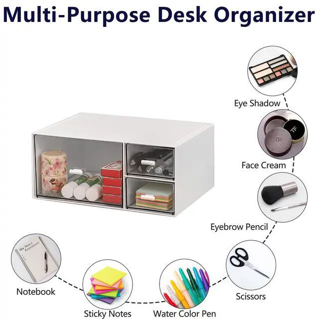 Alt view image 4 of 6 - Desk Organizer Stackable Storage Drawers with 3 Compartments Stackable Drawers Great for Desk Storage, Makeup Storage Bathroom Organization Accessories Etc (White)