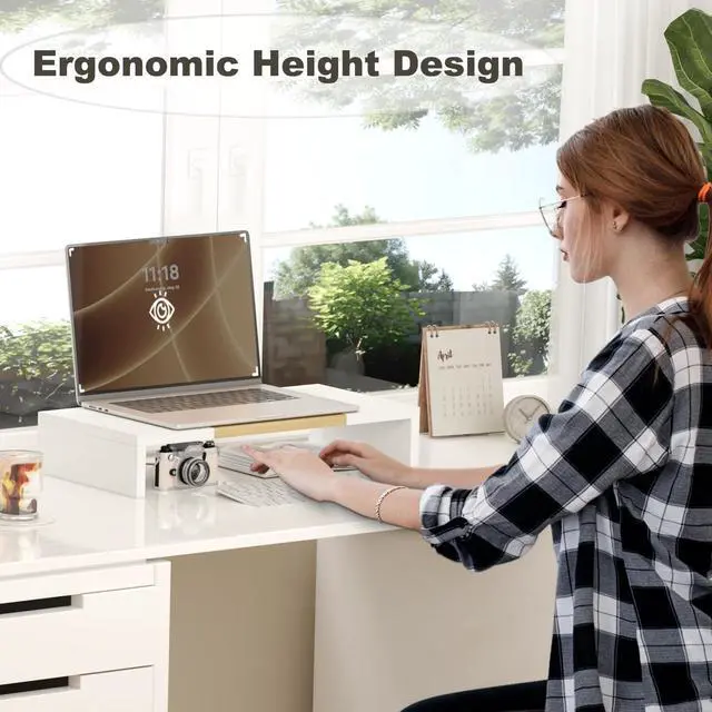 Alt view image 7 of 7 - 20 Inch Monitor Stand Riser, Wooden Desktop Riser for TV/PC/Laptop/Printer, Cozy Monitor Riser with Storage, Laptop Shelf for Home Office