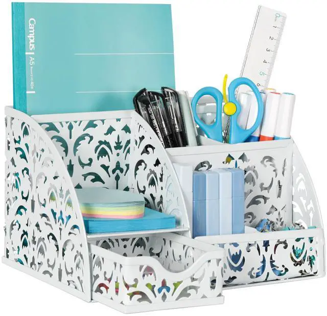 Main image of Desk Organizer and Pen Holder for Desk, Mesh Office Supplies Storage Caddy with Drawer for Small Space, Desktop Organizer for Home Office, White