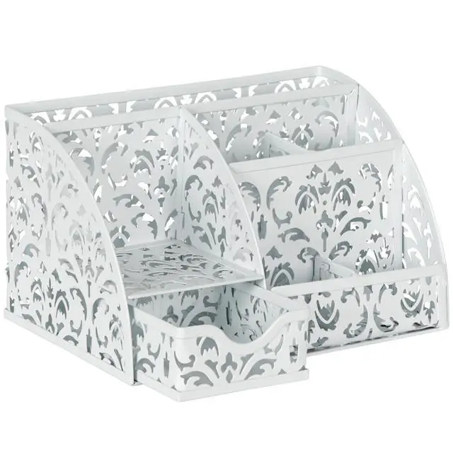 Alt view image 2 of 7 - Desk Organizer and Pen Holder for Desk, Mesh Office Supplies Storage Caddy with Drawer for Small Space, Desktop Organizer for Home Office, White
