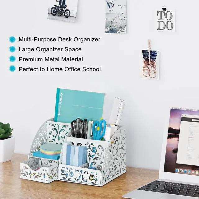 Alt view image 3 of 7 - Desk Organizer and Pen Holder for Desk, Mesh Office Supplies Storage Caddy with Drawer for Small Space, Desktop Organizer for Home Office, White