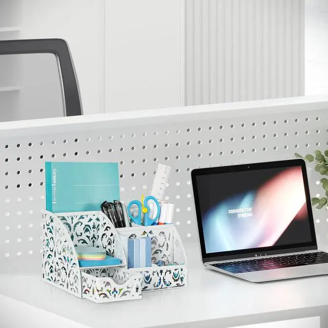 Alt view image 6 of 7 - Desk Organizer and Pen Holder for Desk, Mesh Office Supplies Storage Caddy with Drawer for Small Space, Desktop Organizer for Home Office, White