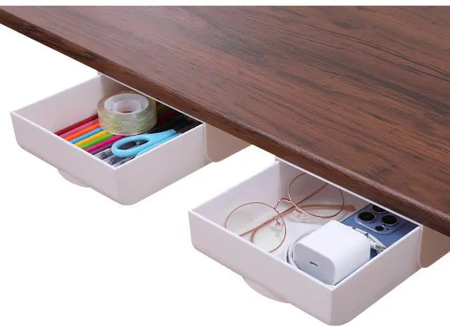 Main image of 2 Pack Under Desk Drawer Self-Adhesive Desktop Storage Organizer, Hidden Attachable Slide Out Desk Drawer, Under Table Tray for Pencil Pen Stationery Office Organization, White