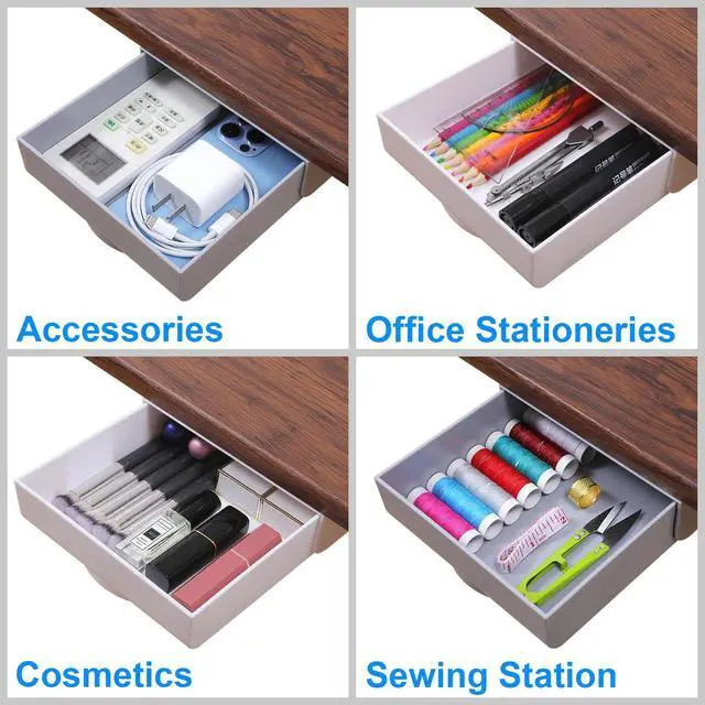 Alt view image 3 of 6 - 2 Pack Under Desk Drawer Self-Adhesive Desktop Storage Organizer, Hidden Attachable Slide Out Desk Drawer, Under Table Tray for Pencil Pen Stationery Office Organization, White