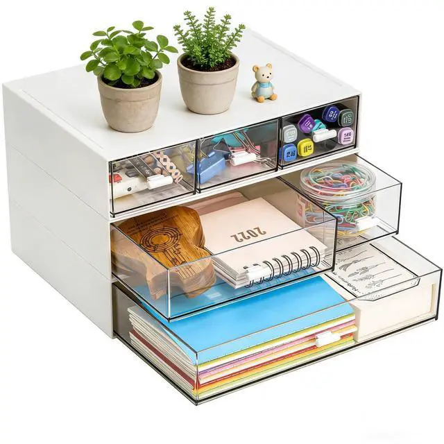 Main image of 3 Tier Small Desk Organizer with 6 Drawer, Stackable Desktop Storage Box, Portable Size Office Supplies Jewelry Storage Case, Makeup and Stationary Organizer for Cosmetic, School Supply