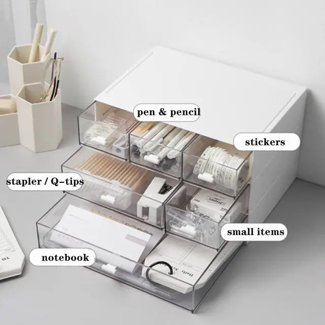 Alt view image 5 of 6 - 3 Tier Small Desk Organizer with 6 Drawer, Stackable Desktop Storage Box, Portable Size Office Supplies Jewelry Storage Case, Makeup and Stationary Organizer for Cosmetic, School Supply