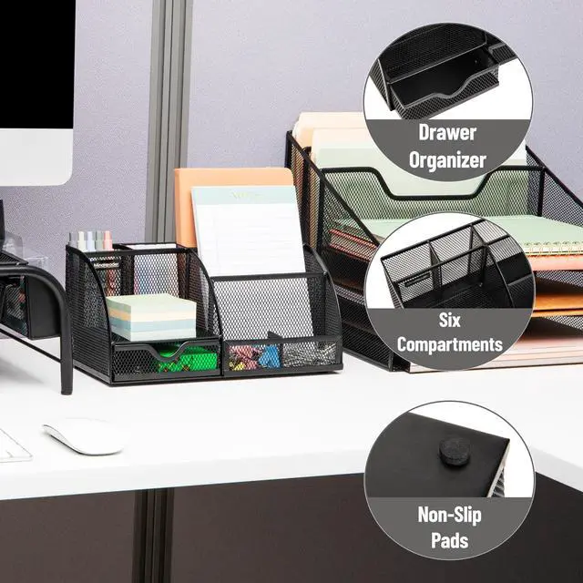 Alt view image 4 of 7 - 7-Compartment Desktop Organizer, Metal Mesh Desk Organizer for Pens, Sticky Notes, Mail and Office Supplies, Black
