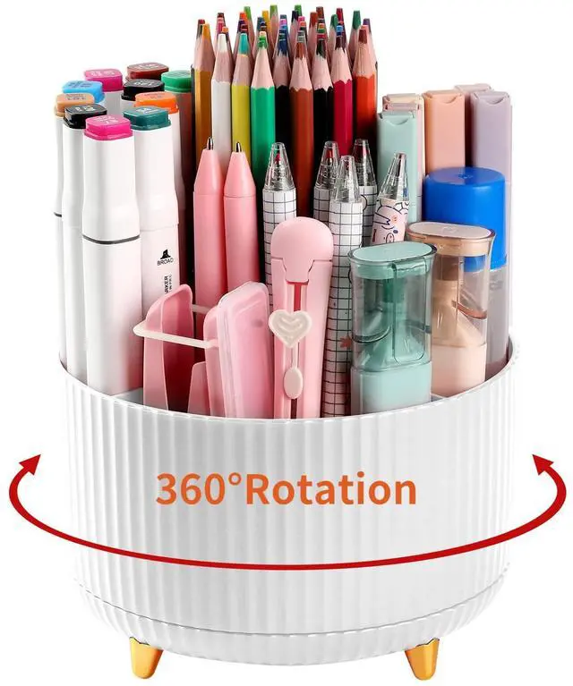 Main image of Desk Pencil Pen Holder, 5 Slots 360°Degree Rotating Pen Organizers for Desk, Desktop Storage Stationery Supplies Organizer, Cute Pencil Cup Pot for Office, School, Home, Art Supply, White