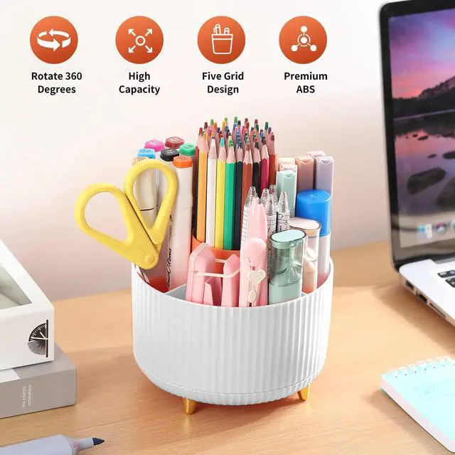 Alt view image 2 of 7 - Desk Pencil Pen Holder, 5 Slots 360°Degree Rotating Pen Organizers for Desk, Desktop Storage Stationery Supplies Organizer, Cute Pencil Cup Pot for Office, School, Home, Art Supply, White