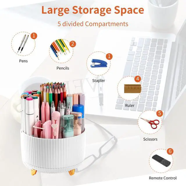 Alt view image 3 of 7 - Desk Pencil Pen Holder, 5 Slots 360°Degree Rotating Pen Organizers for Desk, Desktop Storage Stationery Supplies Organizer, Cute Pencil Cup Pot for Office, School, Home, Art Supply, White