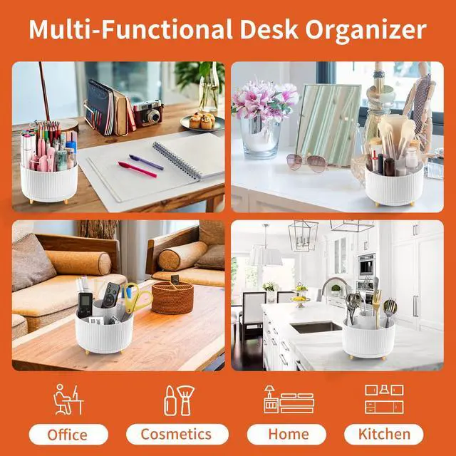 Alt view image 5 of 7 - Desk Pencil Pen Holder, 5 Slots 360°Degree Rotating Pen Organizers for Desk, Desktop Storage Stationery Supplies Organizer, Cute Pencil Cup Pot for Office, School, Home, Art Supply, White