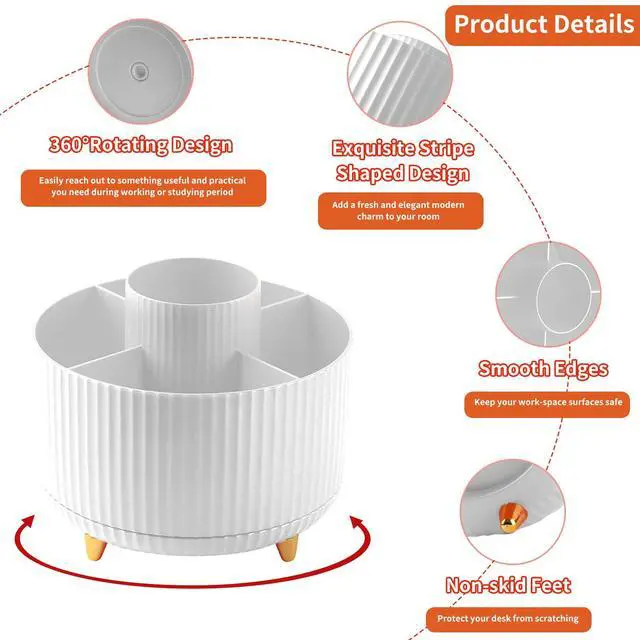 Alt view image 6 of 7 - Desk Pencil Pen Holder, 5 Slots 360°Degree Rotating Pen Organizers for Desk, Desktop Storage Stationery Supplies Organizer, Cute Pencil Cup Pot for Office, School, Home, Art Supply, White