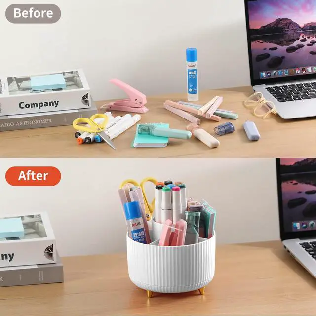 Alt view image 4 of 7 - Desk Pencil Pen Holder, 5 Slots 360°Degree Rotating Pen Organizers for Desk, Desktop Storage Stationery Supplies Organizer, Cute Pencil Cup Pot for Office, School, Home, Art Supply, White