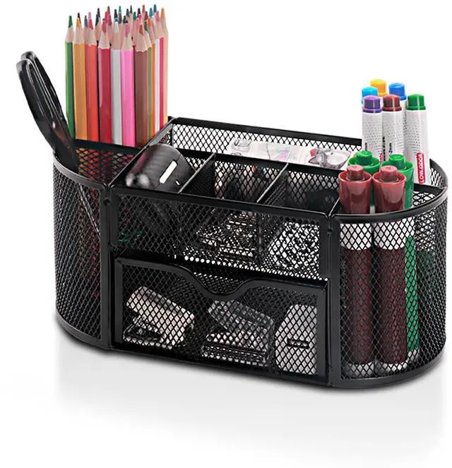 Main image of Mesh Pen Pencil Holder Desk Organizer, 8 Compartment and 1 Drawer Wire Desktop Pen Pencil Cup Caddy Office Supplies Accessories for Home Office School, Black