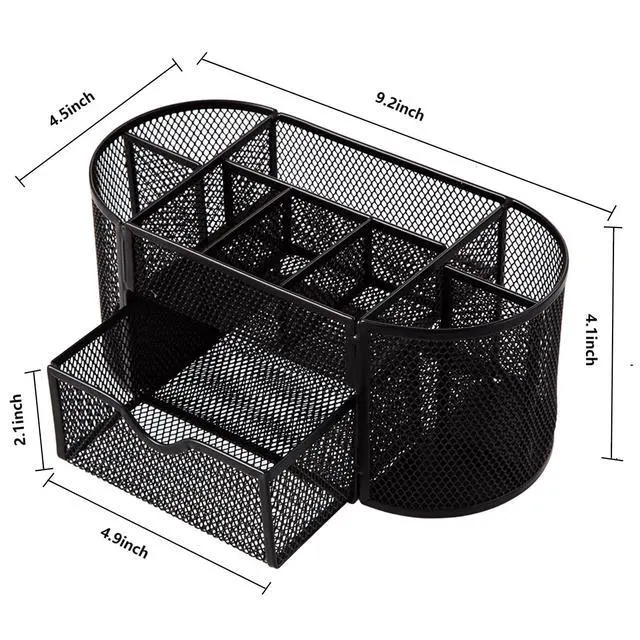 Alt view image 2 of 7 - Mesh Pen Pencil Holder Desk Organizer, 8 Compartment and 1 Drawer Wire Desktop Pen Pencil Cup Caddy Office Supplies Accessories for Home Office School, Black