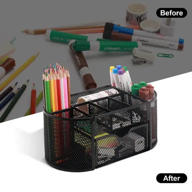 Alt view image 3 of 7 - Mesh Pen Pencil Holder Desk Organizer, 8 Compartment and 1 Drawer Wire Desktop Pen Pencil Cup Caddy Office Supplies Accessories for Home Office School, Black