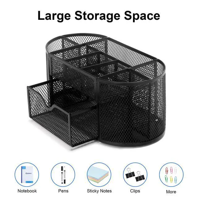 Alt view image 4 of 7 - Mesh Pen Pencil Holder Desk Organizer, 8 Compartment and 1 Drawer Wire Desktop Pen Pencil Cup Caddy Office Supplies Accessories for Home Office School, Black