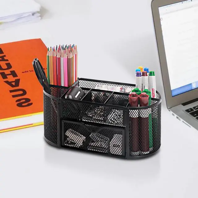 Alt view image 6 of 7 - Mesh Pen Pencil Holder Desk Organizer, 8 Compartment and 1 Drawer Wire Desktop Pen Pencil Cup Caddy Office Supplies Accessories for Home Office School, Black