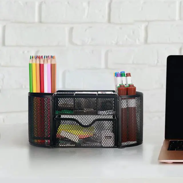 Alt view image 7 of 7 - Mesh Pen Pencil Holder Desk Organizer, 8 Compartment and 1 Drawer Wire Desktop Pen Pencil Cup Caddy Office Supplies Accessories for Home Office School, Black
