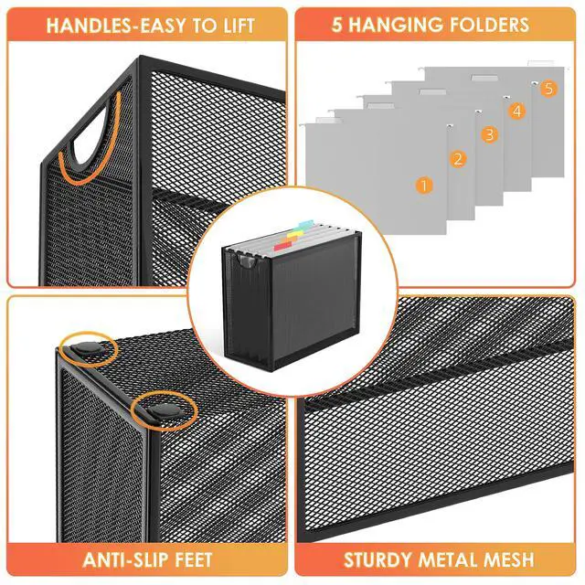 Alt view image 4 of 7 - Hanging File Organizer Letter-Size File Holder Filing Box Includes 5 Hanging Folders - Metal Mesh Magazine Letter Storage Cabinets File Cart for Office Home School, No Assembly Required