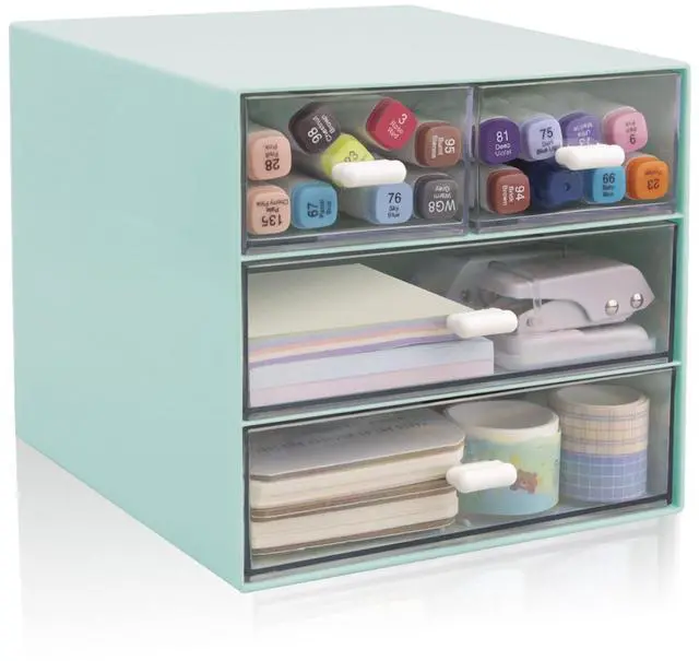 Main image of Desk Organizer with Drawer, Office Organizer with 4 Drawers, Desk Storage Box for, Desktop, Dressing table, Office, School, Home, Plastic Box and 4 Acrylic Drawers(Blue)