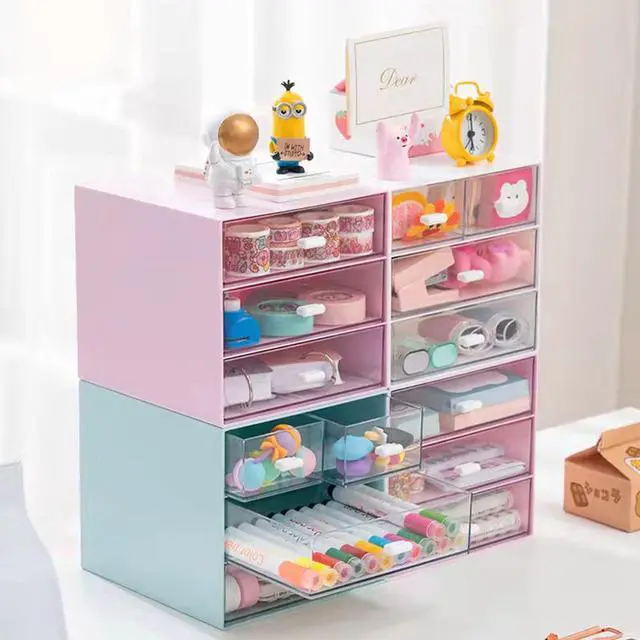 Alt view image 6 of 7 - Desk Organizer with Drawer, Office Organizer with 4 Drawers, Desk Storage Box for, Desktop, Dressing table, Office, School, Home, Plastic Box and 4 Acrylic Drawers(Blue)