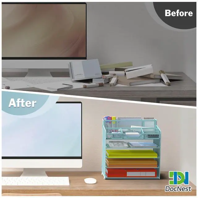 Alt view image 3 of 7 - 5 Tier Mesh Desk Organizer for Paper Office Supplies Multi-Functional Letter Tray with 5 Adjustable Compartments, 3 Pen Holders, Desktop Storage for Files, Mail, Stationery Blue