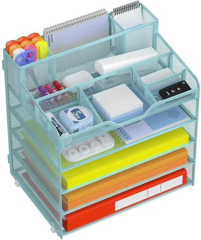 Main image of 5 Tier Mesh Desk Organizer for Paper Office Supplies Multi-Functional Letter Tray with 5 Adjustable Compartments, 3 Pen Holders, Desktop Storage for Files, Mail, Stationery Blue