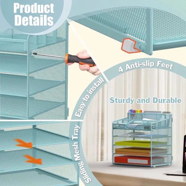 Alt view image 4 of 7 - 5 Tier Mesh Desk Organizer for Paper Office Supplies Multi-Functional Letter Tray with 5 Adjustable Compartments, 3 Pen Holders, Desktop Storage for Files, Mail, Stationery Blue