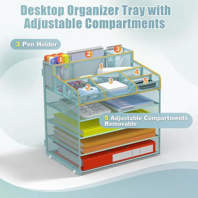 Alt view image 5 of 7 - 5 Tier Mesh Desk Organizer for Paper Office Supplies Multi-Functional Letter Tray with 5 Adjustable Compartments, 3 Pen Holders, Desktop Storage for Files, Mail, Stationery Blue