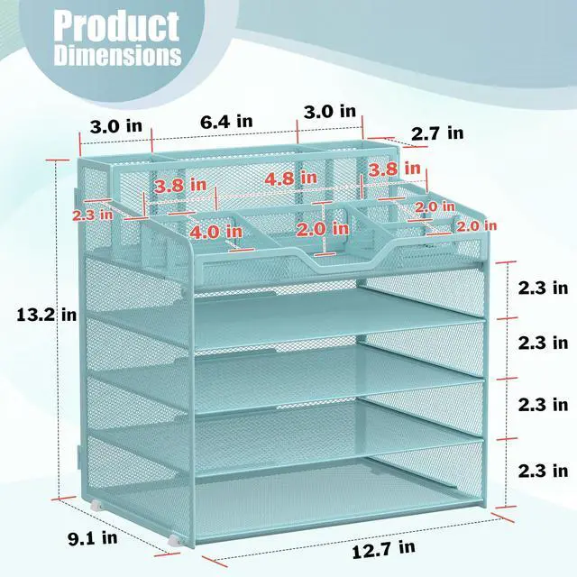 Alt view image 2 of 7 - 5 Tier Mesh Desk Organizer for Paper Office Supplies Multi-Functional Letter Tray with 5 Adjustable Compartments, 3 Pen Holders, Desktop Storage for Files, Mail, Stationery Blue