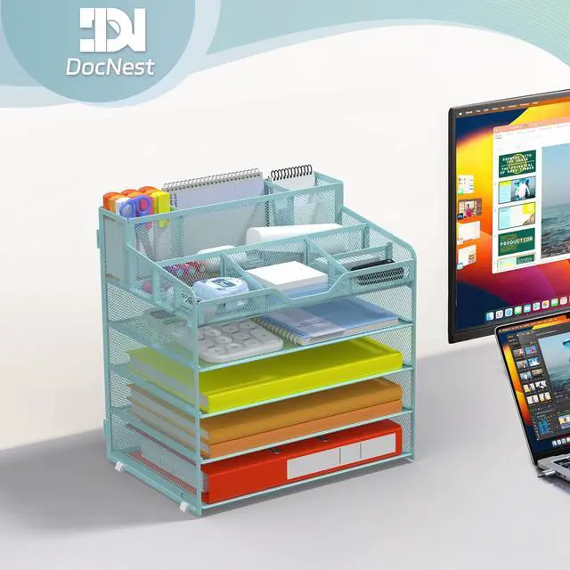 Alt view image 6 of 7 - 5 Tier Mesh Desk Organizer for Paper Office Supplies Multi-Functional Letter Tray with 5 Adjustable Compartments, 3 Pen Holders, Desktop Storage for Files, Mail, Stationery Blue