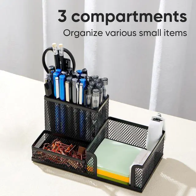 Alt view image 2 of 7 - Mesh Desk Organizer Office Supplies Caddy with Pencil Holder and Storage Baskets for Desktop Accessories, 3 Compartments, Black