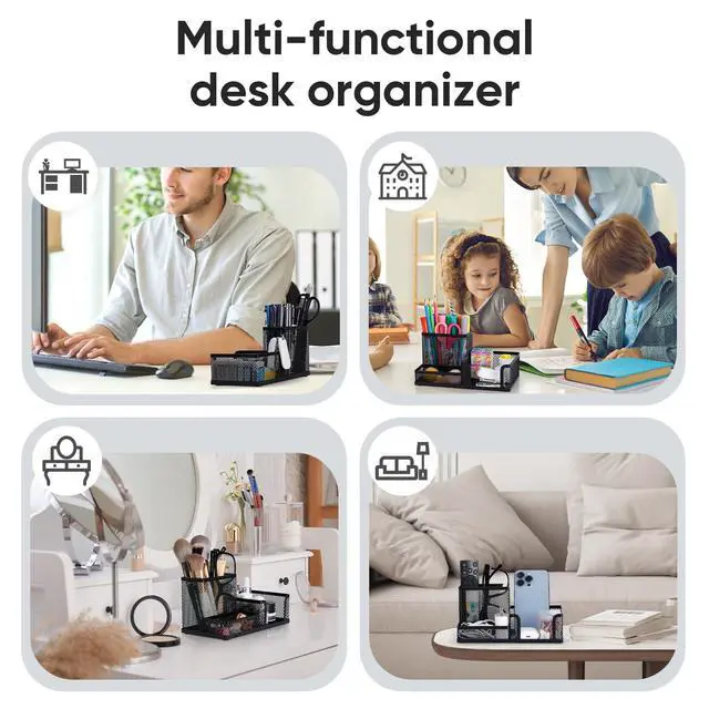 Alt view image 5 of 7 - Mesh Desk Organizer Office Supplies Caddy with Pencil Holder and Storage Baskets for Desktop Accessories, 3 Compartments, Black