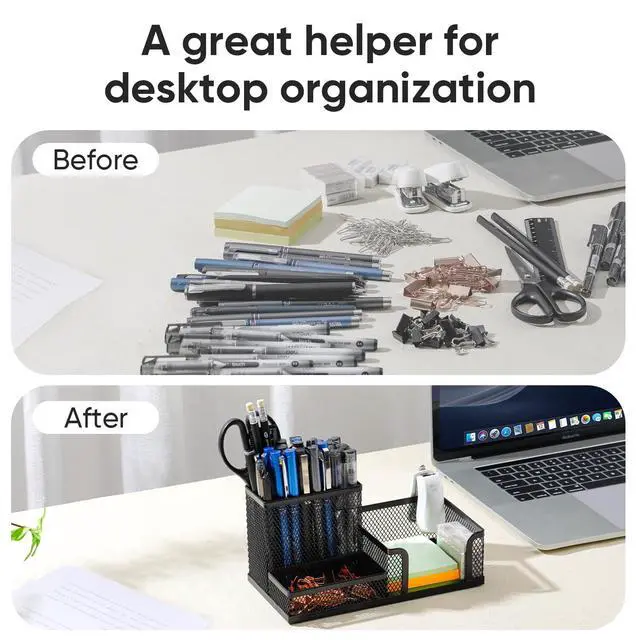 Alt view image 4 of 7 - Mesh Desk Organizer Office Supplies Caddy with Pencil Holder and Storage Baskets for Desktop Accessories, 3 Compartments, Black