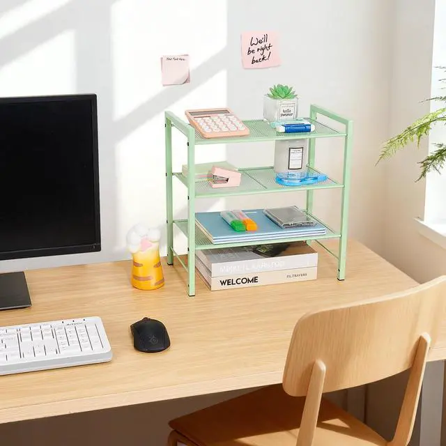 Alt view image 2 of 7 - Desktop Shelf Organizer, 3-Tier Desk Organizer, Adjustable Metal Bookshelf for Top of Desk, Office Storage Rack for Office, Home, Dorm and Small Spaces (Mint Green)