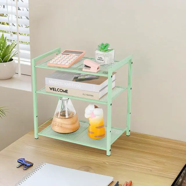 Alt view image 3 of 7 - Desktop Shelf Organizer, 3-Tier Desk Organizer, Adjustable Metal Bookshelf for Top of Desk, Office Storage Rack for Office, Home, Dorm and Small Spaces (Mint Green)