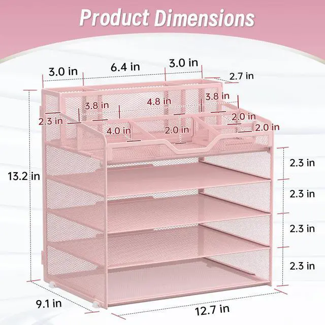 Alt view image 2 of 7 - 5 Tier Mesh Desk Organizer,Multi Functional Letter Paper Tray with 3 Pen Holders and 5 Adjustable Storage Compartments for Office Supplies Files and Mail Space Saving Desktop Organizer-Pink